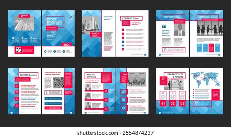 Brochure creative design. Multipurpose universal template, include cover, back and inside pages. Trendy minimalist flat geometric design. Vertical book a4 format.