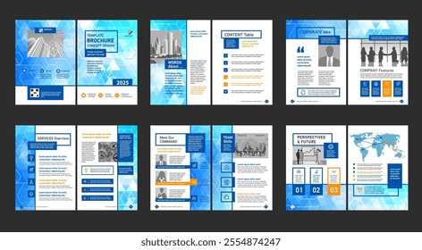 Brochure creative design. Multipurpose universal template, include cover, back and inside pages. Trendy minimalist flat geometric design. Vertical book a4 format.