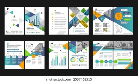 Brochure creative design. Multipurpose universal template, include cover, back and inside pages. Trendy minimalist flat geometric design. Vertical book a4 format.