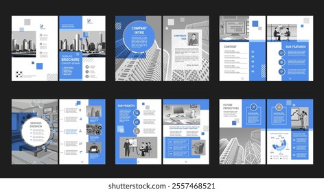 Brochure creative design. Multipurpose universal template, include cover, back and inside pages. Trendy minimalist flat geometric design. Vertical book a4 format.