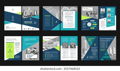 Brochure creative design. Multipurpose universal template, include cover, back and inside pages. Trendy minimalist flat geometric design. Vertical book a4 format.