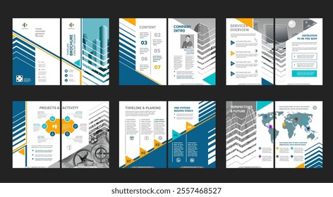 Brochure creative design. Multipurpose universal template, include cover, back and inside pages. Trendy minimalist flat geometric design. Vertical book a4 format.