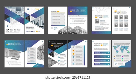 Brochure creative design. Multipurpose universal template, include cover, back and inside pages. Trendy minimalist flat geometric design. Vertical book a4 format.