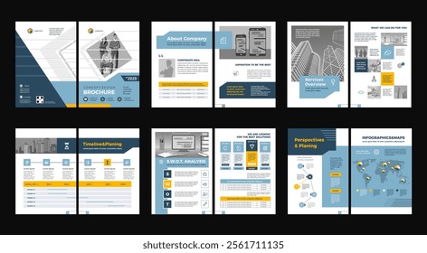 Brochure creative design. Multipurpose universal template, include cover, back and inside pages. Trendy minimalist flat geometric design. Vertical book a4 format.