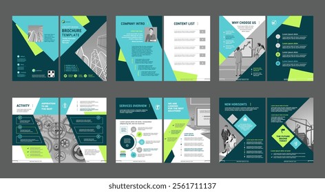 Brochure creative design. Multipurpose universal template, include cover, back and inside pages. Trendy minimalist flat geometric design. Vertical book a4 format.