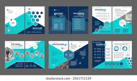 Brochure creative design. Multipurpose universal template, include cover, back and inside pages. Trendy minimalist flat geometric design. Vertical book a4 format.