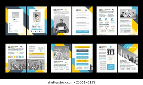 Brochure creative design. Multipurpose universal template, include cover, back and inside pages. Trendy minimalist flat geometric design. Vertical book a4 format.