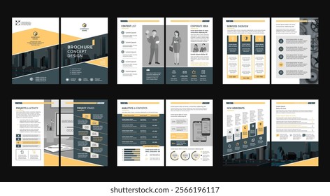 Brochure creative design. Multipurpose universal template, include cover, back and inside pages. Trendy minimalist flat geometric design. Vertical book a4 format.