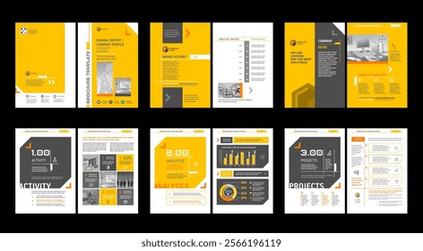 Brochure creative design. Multipurpose universal template, include cover, back and inside pages. Trendy minimalist flat geometric design. Vertical book a4 format.