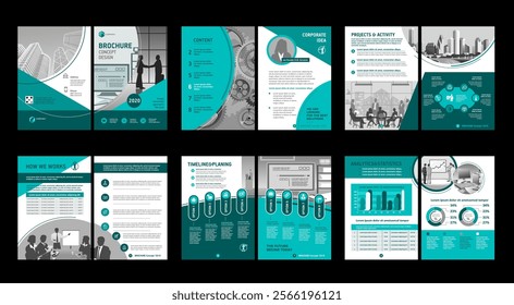 Brochure creative design. Multipurpose universal template, include cover, back and inside pages. Trendy minimalist flat geometric design. Vertical book a4 format.