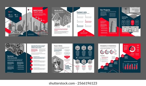 Brochure creative design. Multipurpose universal template, include cover, back and inside pages. Trendy minimalist flat geometric design. Vertical book a4 format.