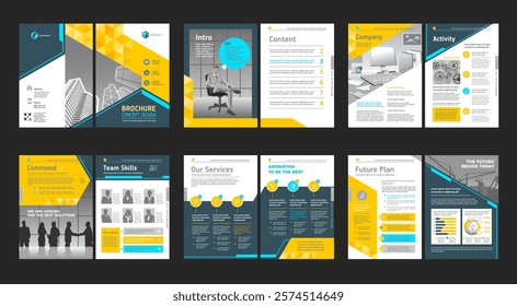 Brochure creative design. Multipurpose universal template, include cover, back and inside pages. Trendy minimalist flat geometric design. Vertical book a4 format.