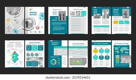 Brochure creative design. Multipurpose universal template, include cover, back and inside pages. Trendy minimalist flat geometric design. Vertical book a4 format.