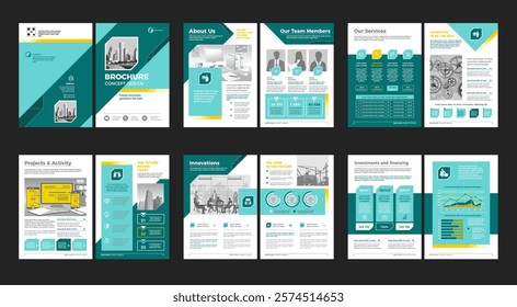 Brochure creative design. Multipurpose universal template, include cover, back and inside pages. Trendy minimalist flat geometric design. Vertical book a4 format.