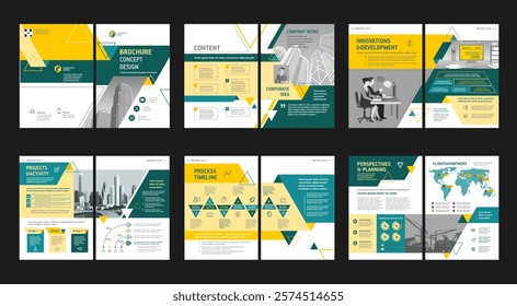 Brochure creative design. Multipurpose universal template, include cover, back and inside pages. Trendy minimalist flat geometric design. Vertical book a4 format.