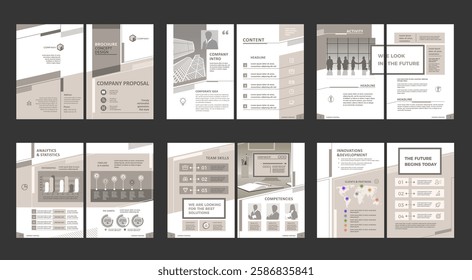 Brochure creative design. Multipurpose universal template, include cover, back and inside pages. Trendy minimalist flat geometric design. Vertical book a4 format.