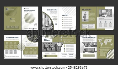 Brochure creative design. Multipurpose universal template, include cover, back and inside pages. Trendy minimalist flat geometric design. Vertical a4 format.
