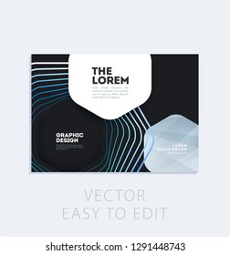 Brochure with dark neon style, creative design of catalog cover, flyer in A4 with colourful geometric lines for night club, promotion, advertisement, event, fun. Black background.
