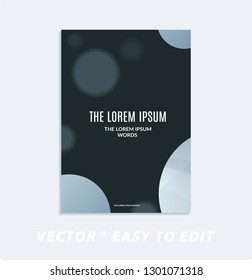 Brochure with dark neon style, creative design of catalog cover, flyer in A4 with grey blue soft circles for night club, promotion, advertisement, event. Black background.