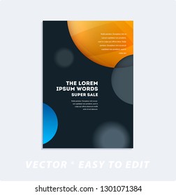 Brochure with dark neon style, creative design of catalog cover, flyer in A4 with colourful soft circles for night club, promotion, advertisement, event, fun. Black background.