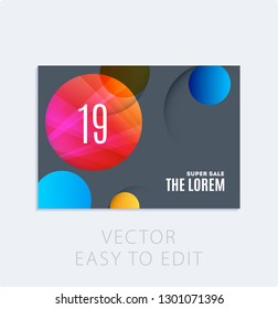 Brochure with dark neon style, creative design of catalog cover, flyer in A4 with colourful soft circles for night club, promotion, advertisement, event, fun. Black background.