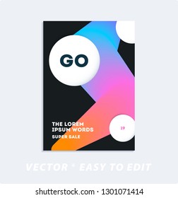 Brochure with dark neon style, creative design of catalog cover, flyer in A4 with colourful soft circles for night club, promotion, advertisement, event, fun. Black background.