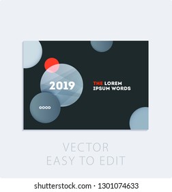 Brochure with dark neon style, creative design of catalog cover, flyer in A4 with grey blue soft circles for night club, promotion, advertisement, event. Black background.