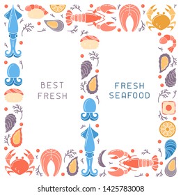 Brochure decor with seafood and space for your text. Flat style vector illustration. Suitable for advertising or restaurant  menu design