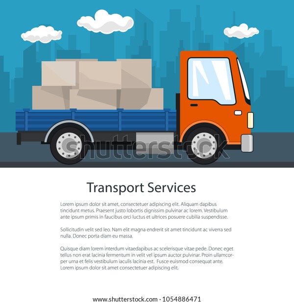 Brochure Delivery Services, Small\
Cargo Truck with Boxes on the Road, Logistics, Shipping and Freight\
of Goods, Poster Flyer Design, Vector\
Illustration
