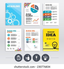 Brochure design and A4 flyers. Alcoholic drinks icons. Champagne sparkling wine and beer symbols. Wine glass and cocktail signs. Infographics templates set. Vector