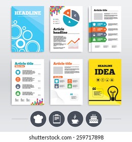 Brochure design and A4 flyers. Coffee cup icon. Chef hat symbol. Birthday cake signs. Document file. Infographics templates set. Vector