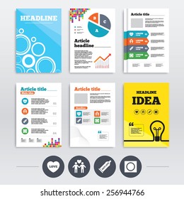 Brochure design and A4 flyers. Condom safe sex icons. Lovers Gay couple signs. Male love male. Heart symbol. Infographics templates set. Vector