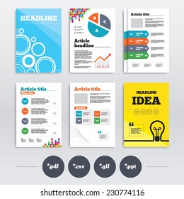 Brochure design and A4 flyers. Document icons. File extensions symbols. PDF, GIF, CSV and PPT presentation signs. Infographics templates set. Vector