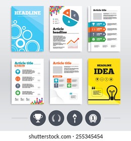 Brochure design and A4 flyers. First place award cup icons. Laurel wreath sign. Torch fire flame symbol. Prize for winner. Infographics templates set. Vector