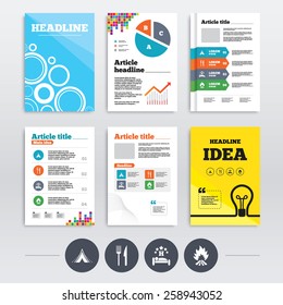 Brochure design and A4 flyers. Food, sleep, camping tent and fire icons. Knife and fork. Hotel or bed and breakfast. Road signs. Infographics templates set. Vector