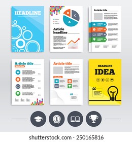 Brochure design and A4 flyers. Graduation icons. Graduation student cap sign. Education book symbol. First place award. Winners cup. Infographics templates set. Vector