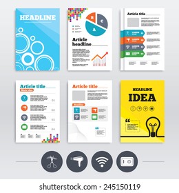 Brochure design and A4 flyers. Hotel services icons. Wi-fi, Hairdryer and deposit lock in room signs. Wireless Network. Hairdresser or barbershop symbol. Infographics templates set. Vector