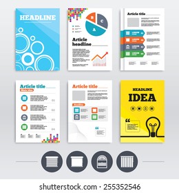 Brochure design and A4 flyers. Louvers icons. Plisse, rolls, vertical and horizontal. Window blinds or jalousie symbols. Infographics templates set. Vector