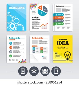 Brochure design and A4 flyers. Phone icons. Smartphone video call sign. Call center support symbol. Cellphone keyboard symbol. Infographics templates set. Vector