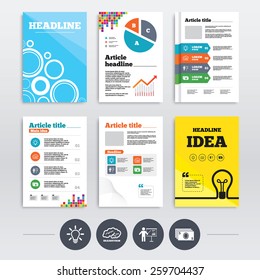 Brochure design and A4 flyers. Presentation billboard, brainstorm icons. Cash money and lamp idea signs. Man standing with pointer. Scheme and Diagram symbol. Infographics templates set. Vector