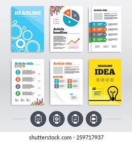 Brochure design and A4 flyers. Smart watch icons. Wrist digital time watch symbols. Music, Video, Globe internet and wi-fi signs. Infographics templates set. Vector
