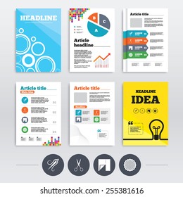 Brochure design and A4 flyers. Textile cloth piece icon. Scissors hairdresser symbol. Needle with thread. Tailor symbol. Canvas for embroidery. Infographics templates set. Vector