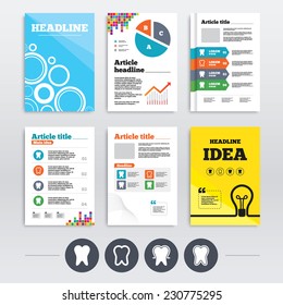 Brochure design and A4 flyers. Tooth enamel protection icons. Dental care signs. Healthy teeth symbols. Infographics templates set. Vector