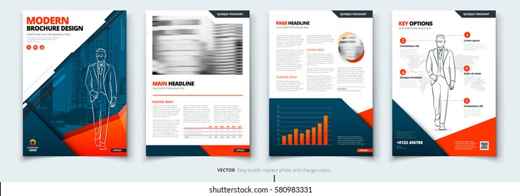 Brochure Design. Blue & Orange Corporate Business Template For Brochure, Report, Catalog. Layout With Modern Square Photo And Abstract Triangle Background. Creative Brochure Concept