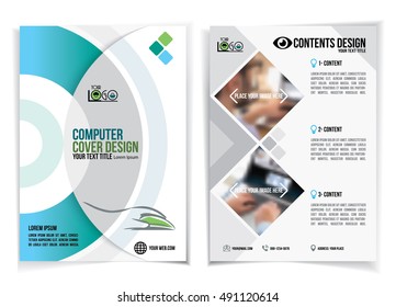 Brochure design for business computers, computer exhibition, the design is simple, elegant and modern, brochure templates, bluish green background, with illustrations computer