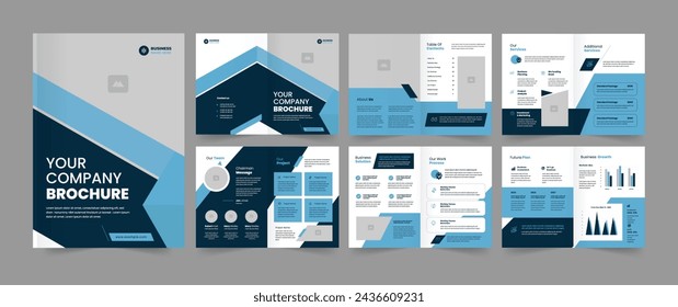 Brochure design, Company brochure design with blue and dark blue shapes, Minimal brochure template design.