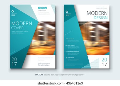 Brochure design. Corporate business template for annual report, catalog, magazine. Layout with modern teal elements and urban style photo. Creative poster, booklet, leaflet, flyer or banner concept