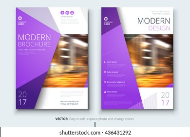 Brochure design. Corporate business template for annual report, catalog, magazine. Layout with purple modern elements and urban style photo. Creative poster, booklet, leaflet, flyer or banner concept