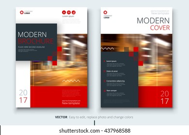 Brochure design. Corporate business template for annual report, catalog, magazine. Layout with modern red elements and urban style photo. Creative poster, booklet, leaflet, flyer or banner concept