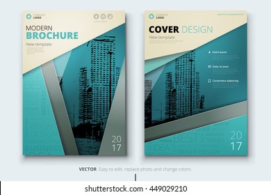 Brochure Design. Corporate Business Template For Annual Report, Catalog, Magazine. Layout With Color Ribbon And Teal Abstract City Background. Modern Creative Leaflet, Poster, Flyer Or Banner Concept